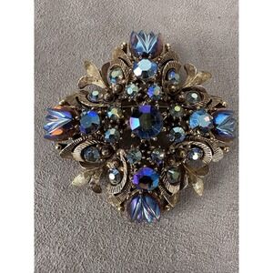Vintage Florenza Gilt Maltese Cross Blue Borealis Brooch Signed Estate Jewerly